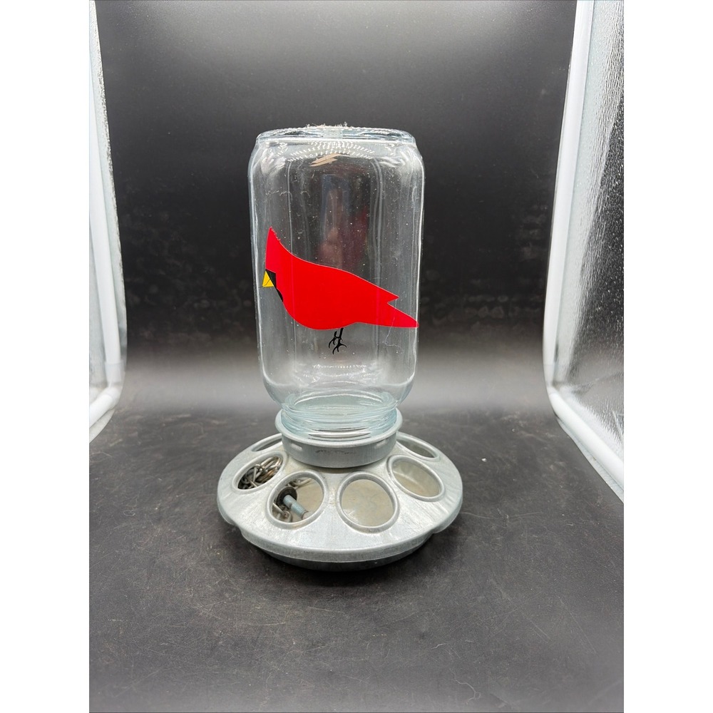 Glass Jar Bird Feeder with Galvanized Metal Base and Cardinal Graphic 1 Quart